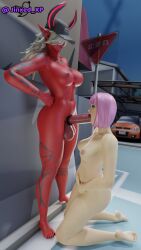 3d blowjob demon demon_futa demon_horns demon_tail desdemona_(fortnite) exhibitionism fortnite futa_on_female futanari hair_over_eyes harmonizer_(fortnite) hat horns jinxed_xp public red_skin road tail tattoo tattoos white_hair