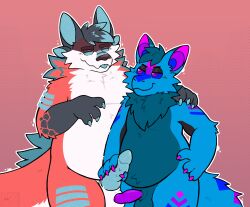 animal_genitalia anthro balls blue_body blue_fur character_bub_(aura_derg) digital_media_(artwork) dragon duo erection fur genitals hi_res male male/male matte_wolf neck_tuft overweight overweight_male penile penis red_body rodraccoon scalie simple_background size_difference soundbyte tongue tuft