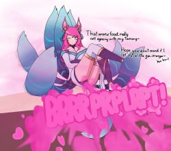 1girls ahri fart fart_cloud fart_fetish fox_ears kneesocks league_of_legends lifting_legs pink_hair riot_games spirit_blossom_ahri spirit_blossom_series sumipog