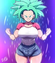 blue_eyes d-art dragon_ball dragon_ball_super fusion green_hair high_resolution jean_shorts kefla legendary_super_saiyan muscular_futanari nipples_visible_through_clothing potara_earrings shirt solo super_saiyan super_saiyan_2 thick_thighs thigh_gap twitter very_high_resolution