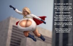 1girls 2020 3d big_breasts blonde_female blonde_hair breast_expansion breasts_bigger_than_body cleavage_cutout dc dc_comics female female_only flying gigantic_breasts huge_breasts humor implied_breast_expansion karen_starr large_breasts massive_breasts nipple_bulge nipples_visible_through_clothing power_girl solo solo_female superheroine superman_(series) tagme text the-litch-deviance