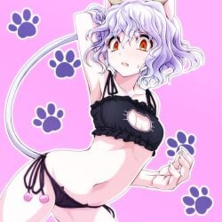 1girls animal_ears breasts cat_ears cat_girl cat_lingerie cat_tail chimera_ant female female_only humanoid hunter_x_hunter neferpitou pale-skinned_female pale_skin red_eyes short_hair shounen_jump solo villainess white_hair