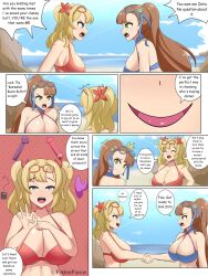 2girls beatrix_(granblue_fantasy) bikini blonde_hair brown_hair brunette fake_face granblue_fantasy huge_breasts multiple_girls text vibrator zeta_(granblue_fantasy)