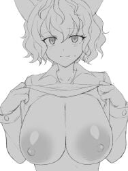 1girls 9rimson animal_ears areolae blush breasts breasts_out cat_girl chimera_ant female female_only humanoid hunter_x_hunter large_breasts neferpitou nipples partially_clothed shirt_lift short_hair shounen_jump villainess white_hair