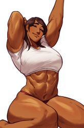 1girls abs arm_behind_head arm_up brown_hair closed_eyes commission dark-skinned_female dark_skin female female_only kneeling long_hair muscles muscular muscular_female muscular_thighs smile solo sotcho stretching very_high_resolution white_background