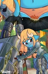 armor blonde_hair blue_skin clothed_female horns messy omorashi original original_character peeing peeing_self piss_soaked puddle runa sword wetting wetting_self yellowzonemx