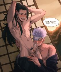 2boys abs black_hair blindfold blush cock_ring cum_in_mouth jujutsu_kaisen partially_clothed pose satoru_gojo smile sombre_slahc suguru_geto text veiny_penis white_hair yaoi