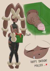 1futa absurd_res anthro blush bodily_fluids colored digital_media_(artwork) erection futa_focus futa_only futanari genital_fluids genitals gift hi_res lagomorph male mammal mega_evolution mega_lopunny mr_fuwa nintendo penis pokémon_(species) pokemon precum simple_background smile smirk solo thick_thighs vein veiny_penis video_games