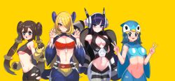 4girls black_hair blonde_hair blue_eyes blue_hair blush brown_hair claw_pose cosplay cynthia_(pokemon) dawn_(pokemon) double_v drunkoak elesa_(pokemon) female_only game_freak garchomp_(cosplay) grey_eyes hair_over_one_eye leggings lopunny_(cosplay) mega_lopunny_(cosplay) midriff multiple_girls nintendo piplup_(cosplay) pokemon pokemon_(cosplay) pokemon_bw2 pokemon_dppt rosa_(pokemon) simple_background wavy_mouth yellow_background zebstrika_(cosplay)