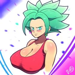 armpits blue_eyes cleavage d-art dragon_ball dragon_ball_super fusion green_hair huge_breasts kefla legendary_super_saiyan nipples_visible_through_clothing potara_earrings super_saiyan super_saiyan_2 tagme