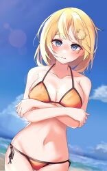 1girls beach blue_eyes chillout_tang embarrassed female hands_under_breasts hololive hololive_english hololive_myth mirror_in_hair orange_bikini virtual_youtuber watson_amelia