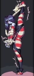 1girls ass_visible_through_thighs blue_hair blue_skin captain_kirb clothing female female_only flat_chest flat_chested leg_up leviathan_(skullgirls) red_eyes restrained skullgirls squigly stitches sweat thick_thighs torn_clothes torn_clothing wide_hips zombie zombie_girl