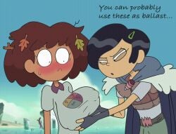 amphibia animated anne_boonchuy big_breasts black_hair blush brown_body brown_hair brown_skin disney disney_channel disney_xd english english_text erect_nipples erect_nipples_under_clothes female_only fingerless_gloves hair_clips hand_on_breast hard_nipples large_breasts leaves_in_hair looking_at_breasts looking_down marcy_wu nipple_bulge short_hair straight_hair terrible_the_drawfag touching_breast yuri