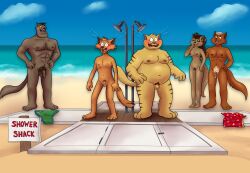 absurd_res anthro beach breasts brown_body brown_fur bulge chance_furlong circumcised circumcision_scar clothing commander_feral dialogue domestic_cat fan_character felid feline felis female flaccid foreskin fur genital_scar genitals group hanna-barbera hi_res humanoid_genitalia humanoid_penis humiliation jake_clawson lt._commander_steel male mammal micropenis muscular muscular_anthro muscular_male nude orange_body orange_fur overweight overweight_anthro overweight_male penis penis_humiliation pubes public public_humiliation public_nudity pussy scar seaside shower shower_stall small_penis small_penis_humiliation smallfryspy speech_bubble stripes swat_kats swimming_trunks swimwear yellow_body yellow_fur