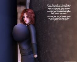 1girls 2017 3d begrove big_breasts black_widow_(marvel) bodysuit breast_expansion breast_press huge_breasts humor implied_breast_expansion inconvenient_breasts marvel marvel_cinematic_universe red_hair redhead s.h.i.e.l.d. secret_agent spy superheroine tagme text the-litch-deviance