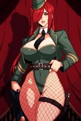 1girls alecto_0 big_breasts breasts cap eye_contact female female_focus female_only fishnet_stockings long_hair looking_at_viewer orange_eyes parasoul red_hair skullgirls solo solo_female standing thick_thighs wide_hips