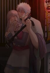 1boy 1girls akko_(artist) blush bound bound_wrists elbow_gloves female femsub fingerless_gloves gintama gintoki_sakata glasses glasses_removed hand_on_another's_face japanese_clothes kunoichi lantern lavender_hair long_hair looking_at_another looking_back male maledom masochist mole_under_eye purple_hair restrained sarutobi_ayame sweat tears