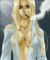 blonde_female blonde_hair blue_eyes cigar glasses hellsing integra_hellsing long_hair looking_at_viewer open_shirt smoking unknown_artist