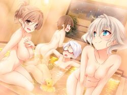 4girls :d asou_fumi ass bathing blue_eyes blush breast_squeeze breasts brown_eyes brown_hair censored closed_mouth collarbone completely_nude game_cg glasses indoors kimihane large_breasts medium_hair mosaic_censoring mtu_(orewamuzituda) multiple_girls natsume_hina navel nude open_mouth red-framed_eyewear shiny shiny_hair short_hair shoulder_blades sitting small_breasts smile takaoka_miyako white_hair