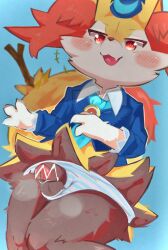 1boy :3 animal_ear_fluff animal_hands animal_nose bar_censor black_fur blue_background blue_headwear blue_jacket blue_neckerchief blue_panties blush blush_stickers body_fur braixen censored claws clothed_pokemon collared_shirt commentary dutch_angle erection femboy furry furry_male girly happy hat highres jacket long_sleeves looking_down male male_focus male_only multicolored_fur neckerchief oerba_yun_fang open_mouth otoko_no_ko panties penis_outside pokémon_(species) pokemon pokemon_(species) red_eyes roncha_inu shirt simple_background skin_fang smile snout solo standing steam steaming_body stick striped striped_panties symbol-only_commentary testicles thick_thighs thighs underwear v-shaped_eyebrows white_fur white_shirt wide_hips yellow_fur