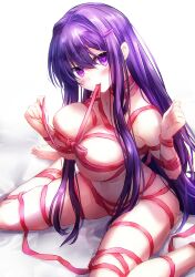 1girls almost_nude arms_up blush bondage bow doki_doki_literature_club female heart-shaped_pupils heart_eyes looking_at_viewer niim_(artist) purple_eyes purple_hair red_ribbons ribbon_bondage ribbon_in_mouth ribbons sitting solo white_background yuri_(doki_doki_literature_club)