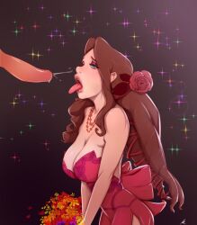 aerith_gainsborough big_penis brown_hair cleavage dress female female_focus final_fantasy final_fantasy_vii long_hair pee-kay penis penis_awe tagme tongue tongue_out uncut unseen_male_face