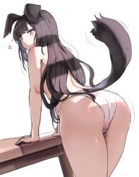 animal_ears arm_support ass ass_focus bangs black_hair blue_archive blush dog_ears dog_girl dog_tail female female heart hibiki_(blue_archive) highres leaning_forward long_hair looking_at_viewer looking_back motion_lines panties pinkmarine purple_eyes pussy_juice simple_background solo tail tail_raised tail_wagging topless underwear wet white_background