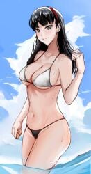 1girls amagi_yukiko atlus bikini blush breasts female female_only hairband large_breasts looking_at_viewer nero_watch persona persona_4 red_hairband solo summer thighs wading water wet_skin