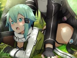 1boy armor ass belt black_belt black_gloves black_jacket black_shorts blush boy_on_top breastplate breasts brown_hair cleavage clothes_pull female gloves grass green_eyes green_hair green_jacket grey_scarf hair_ornament hairclip highres jacket kirito_(sao-ggo) large_breasts long_hair long_sleeves lying mysteryctu on_stomach open_belt open_clothes open_mouth open_shorts outdoors prone_bone scarf sex sex_from_behind shiny shiny_hair shorts shorts_pull sidelocks sinon sweat sword_art_online tree weapon white_jacket