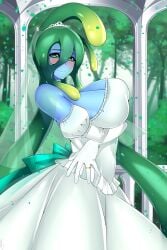 1girls big_breasts blue_body blush breasts bride clothed clothes clothing dress female green_eyes green_hair lindaroze looking_at_viewer monster_girl monster_musume_no_iru_nichijou ring slime slime_girl slime_hair smile solo suu_(monster_musume) tagme wedding wedding_dress wedding_ring