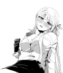 1girls blush breasts danganronpa danganronpa:_trigger_happy_havoc danganronpa_1 female female_only in_heat kirigiri_kyouko monochrome shirt sketti smooth_skin solo unbuttoned_shirt