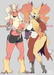 2020s 2021 2girls anthro big_breasts blaziken clothed delphox dolphin_shorts female female_only fox fox_ears fur furry furry_only game_freak nintendo pokemon pokemon_(species) posing red_body shorts tagme two_tone_bottomwear two_tone_bottomwear_(black&white) yuio