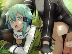 1boy anus armor ass belt black_belt black_gloves black_jacket black_panties black_shorts blush boy_on_top breastplate breasts brown_hair cleavage clothes_pull female gloves grass green_eyes green_hair green_jacket grey_scarf hair_ornament hairclip highres jacket kirito_(sao-ggo) large_breasts long_hair long_sleeves lying mysteryctu on_stomach open_mouth outdoors panties prone_bone pussy scarf sex sex_from_behind shiny shiny_hair shorts shorts_pull sidelocks sinon straight sweat sword_art_online teeth tree underwear vaginal_penetration weapon white_jacket