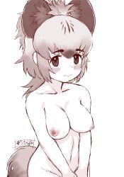 animal_ears bangs blush breasts closed_mouth collarbone covering covering_crotch female groin highres hyena_ears hyena_girl hyena_tail kemono_friends long_hair looking_at_viewer masuyama_ryou medium_breasts monochrome multi_ear navel nipples nude sidelocks solo spotted_hyena_(kemono_friends) stomach tail teeth upper_teeth v_arms