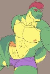 abs absurd_res alligator alligatorid anthro bara biceps boner bottomwear clothed clothing countershading crocodilian digital_media_(artwork) erection five_nights_at_freddy's five_nights_at_freddy's:_security_breach genitals green_body hair hi_res male male_focus male_only montgomery_gator_(fnaf) navel ni_(artist) nipples penis poking_out purple_bottomwear purple_clothing purple_shorts red_hair reptile scalie scottgames shorts simple_background smile solo topless vein veiny_penis video_games yellow_body yellow_countershading yellow_penis