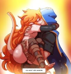 1boy 1girls 2021 ass blush carrying_partner cloak closed_eyes clothed covered_eyes druid_(nisego) english_text freckles freckles_on_thighs kissing nisego orange_hair original pointy_ears size_difference tail text thick_eyebrows thick_thighs toes very_long_hair wholesome wonhan_(nisego)