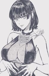 1girls 2022 2d adult adult_female artist_name artist_signature bangs bare_shoulders big_breasts black_and_white black_hair bob_cut breast_focus breasts busty cleavage cleavage_focus clothed clothing covered_navel covered_nipples curvaceous curvy curvy_body curvy_female curvy_figure dress eye_contact eyebrows_visible_through_hair female female_focus female_only fringe front_view fubuki_(one-punch_man) hands_on_stomach heroine highres human human_female jewelry large_breasts lips lipstick looking_at_viewer medium_hair necklace one-punch_man realistic_breast_size realistic_proportions shellmaru short_hair simple_background sketch slim slim_waist smile smiling smiling_at_viewer solo solo_female solo_focus thin_waist tight_clothing topwear upper_body voluptuous waist white_background young_woman