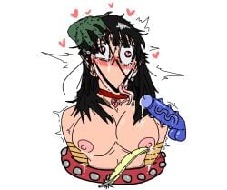 alien_genitalia blowjob blush collar cum_on_tongue drooling feathers hand_on_head heart-shaped_pupils hearts_around_head lactation messy_hair momo_(creepypasta) nightmare_fuel nipples solacered04_(artist) stuck stuck_in_wall tears tongue_out twitching