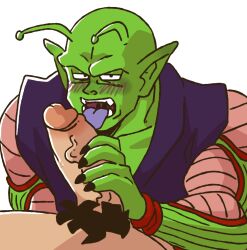 alien antennae balls blush boner dragon_ball dragon_ball_super dragon_ball_z erection gay green_skin holding_penis human interspecies licking_penis male male_only muscles muscular namekian penis piccolo purico