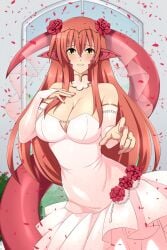1girls armwear big_breasts blush breasts cleavage clothed clothes clothing dress elbow_gloves female flower flower_in_hair flower_petals hair hair_ornament lamia lindaroze long_hair miia_(monster_musume) monster_girl monster_musume_no_iru_nichijou pointy_ears red_hair red_scales ring smile solo wedding_ring yellow_eyes