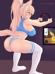 1girls ass blonde_hair breasts bubble_butt cat_ears cat_tail catgirl clothing electronics female flustered game_controller hi_res huge_ass huge_breasts indoors joy-con light-skinned_female light_skin panties patreon_username pilates_ring playing_videogame png red_eyes ring_fit_adventure ringcon_controller simple_background sports_bra sportswear squatting striped_panties television thighhighs tiffy tiffynyaa working_out