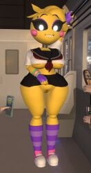 3d 3d_(artwork) adri164 areola big_breasts black_eyes braless breasts chicken clothing dripping_pussy embarrassed exhibitionism exposed_pussy female female_focus five_nights_at_freddy's five_nights_at_freddy's_2 flashing genitals hi_res hourglass_figure humanoid_hands looking_at_viewer miniskirt no_bra no_panties offscreen_character offscreen_characters orange_areola pantyless phone public public_exposure pussy robot robot_girl school_uniform scottgames solo solo_female thighhigh_socks toy_chica_(eroticphobia) toy_chica_(fnaf) underboob uniform video_games wet_pussy wide_hips yellow_body