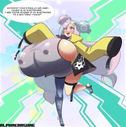 2023 alphaerasure big_breasts blush breast_expansion breasts_bigger_than_head breasts_bigger_than_torso english_text erect_nipples huge_breasts hyper hyper_breasts iono_(pokemon) large_breasts massive_breasts nipple_bulge onomatopoeia open_mouth pokemon pokemon_sv sloshing_breasts speech_bubble tagme