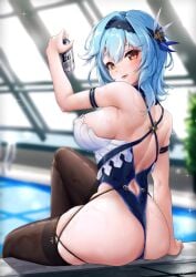 1girls alcohol ass ass_focus beer beer_can breasts curvy drink eula_(genshin_impact) fat_ass female from_behind genshin_impact large_ass large_breasts looking_at_viewer pool sideboob sitting smile swimming_pool swimsuit thick_thighs thighhighs voluptuous wet wet_skin xfate yellow_eyes