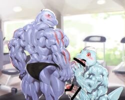 abs biceps blowjob bodybuilder caught caught_in_the_act censored_penis furry gay grabbing_penis gym hyper hyper_balls hyper_genitalia hyper_muscles hyper_penis hyper_testicles kurogonart kuroma looking_at_viewer looking_back looking_back_at_viewer machoke machop male male_focus male_only muscle muscles muscular muscular_arms muscular_ass muscular_back muscular_legs muscular_male muscular_thighs nipples pecs pointless_censoring pokemon pokemon_(species) public public_sex veins veiny_penis yaoi