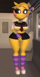 3d 3d_(artwork) adri164 areola big_breasts black_eyes bottomwear braless breasts chicken clothed clothing covering_crotch dripping_pussy embarrassed exhibitionism exposed_pussy female female_focus five_nights_at_freddy's five_nights_at_freddy's_2 hi_res hourglass_figure miniskirt nipple_outline no_bra no_panties no_underwear orange_areola pantyless public public_exposure robot robot_girl school_uniform scottgames skirt solo solo_female thighhigh_socks toy_chica_(eroticphobia) toy_chica_(fnaf) underboob uniform video_games wet_pussy wide_hips yellow_body