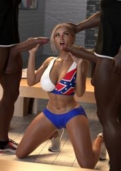 1girls 2boys 3d 3d_(artwork) agentbobgreen big_penis blonde_female blonde_hair cheerleader cheerleader_uniform confederate_flag dark-skinned_male dark_skin dominant_male double_handjob female handjob human human_only interracial irony kneeling light-skinned_female light_skin locker_room male partial_male raceplay sports_bra sportswear straight submissive_female