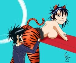 2girls big_breasts black_hair cockstar_studios cyborg_noodle female gorillaz multiple_girls noodle_(gorillaz) noodle_(song_machine) robot tiger_print yuri