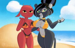 absurd_res anthro beach big_breasts big_ears bikini bikini_top black_body black_fur black_hair bovid breasts caprine clothing crossover curvy_figure duo el_arca eyelashes felid female female/female female_focus female_only fur goat green_eyes hair hi_res horn hourglass_figure judas_and_jesus lion looking_at_viewer mammal mary_magdalene mr_valentine00 nipple_outline pantherine panthy red_body red_fur seaside smile swimwear thick_thighs wide_hips yellow_sclera