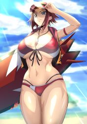 1girls beach big_breasts bikini breasts code_geass female female_focus female_only green_eyes hi_res iwao178 kallen_stadtfeld looking_at_viewer nail_polish nipples red_hair red_nail_polish red_nails summer